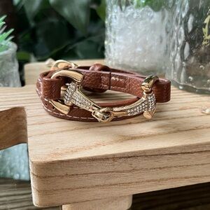 Elegant Brown Leather Horsebit Bracelet with Gold and Crystal Accents